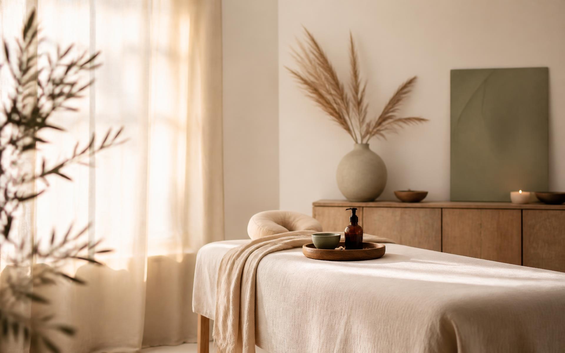 A calm treatment room with soft linens and morning light