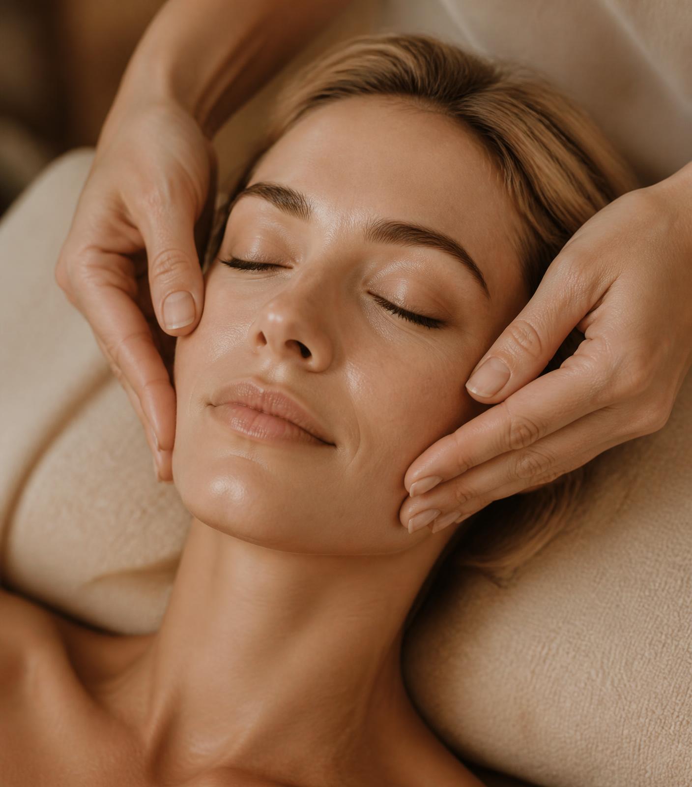 A woman resting with her eyes closed during a gentle holistic facial treatment